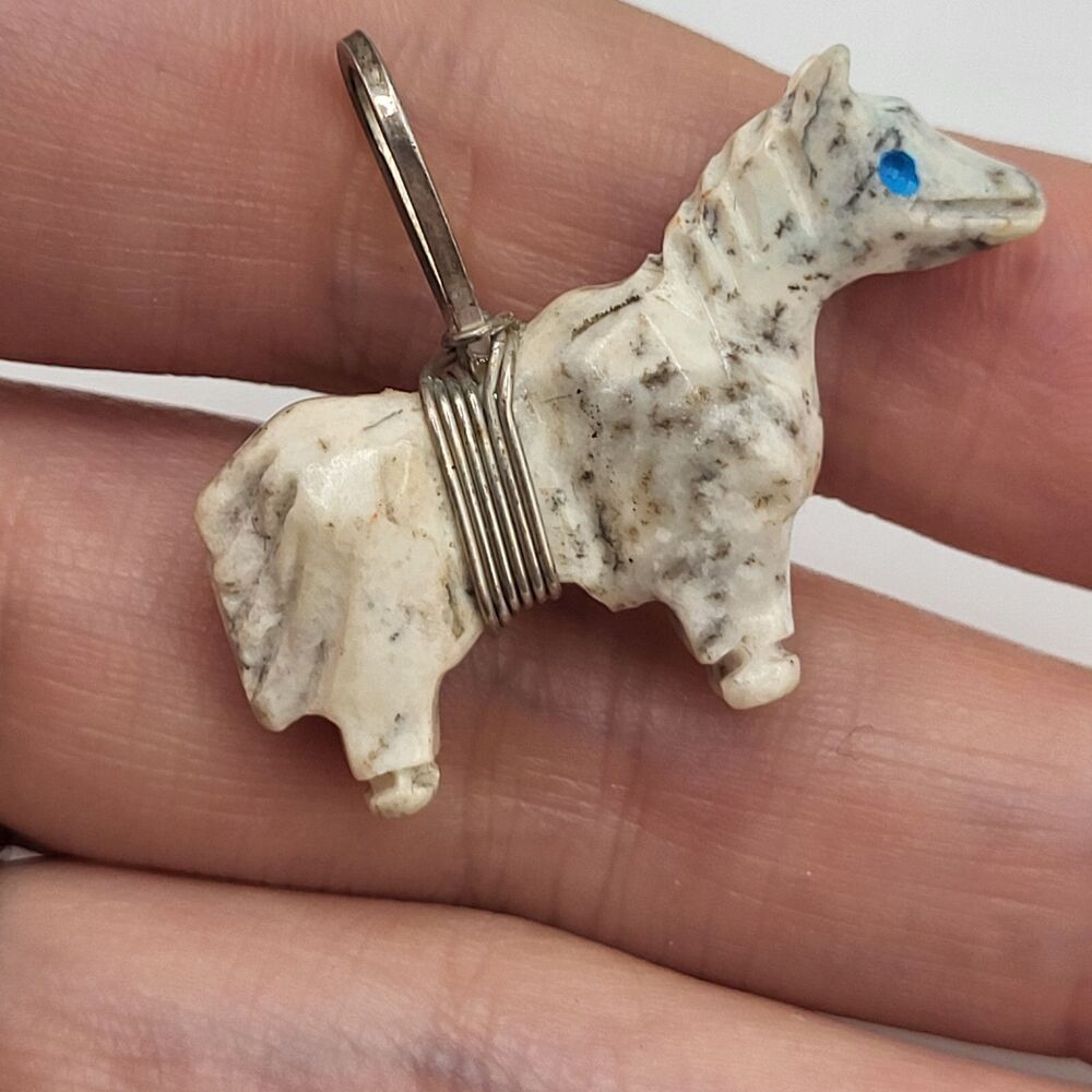 Native Sterling Silver Carved White Marble Horse Totem Pendant 1 in